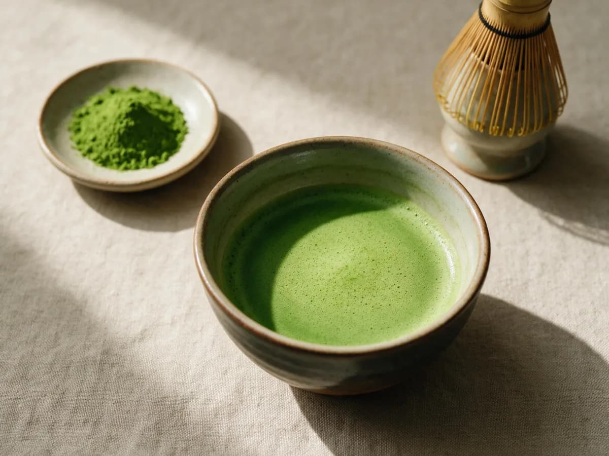 A ceramic chawan of freshly whisked matcha with a fine pale-green microfoam on the surface, beside a shallow dish of vivid green dry matcha powder and a bamboo chasen on its holder, in soft natural light.