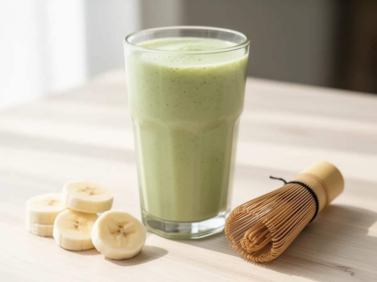 Banana matcha smoothie in a tall glass, creamy pale green blended drink with fresh banana slices and a bamboo whisk on the table.