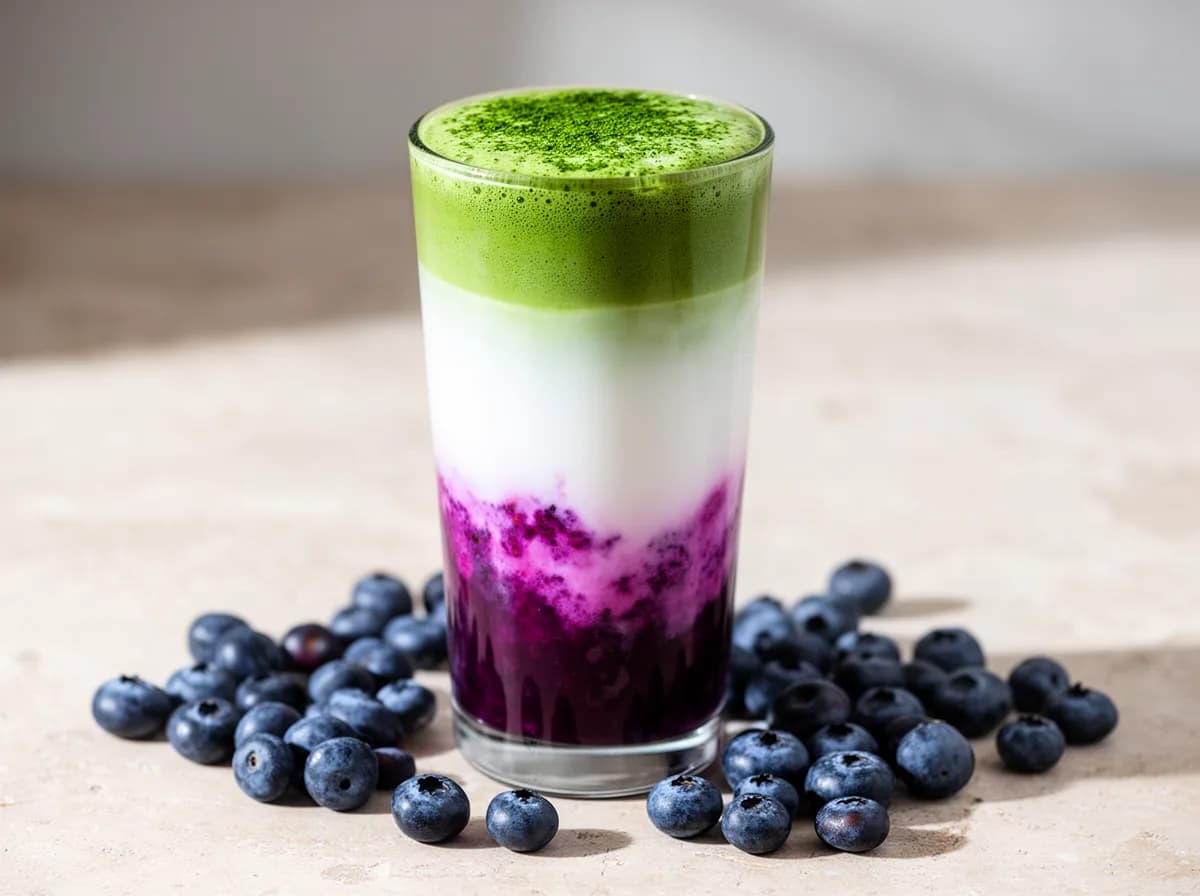 Blueberry matcha latte in a tall glass, a deep purple blueberry layer blending up into white milk and bright green matcha, with fresh blueberries scattered nearby.