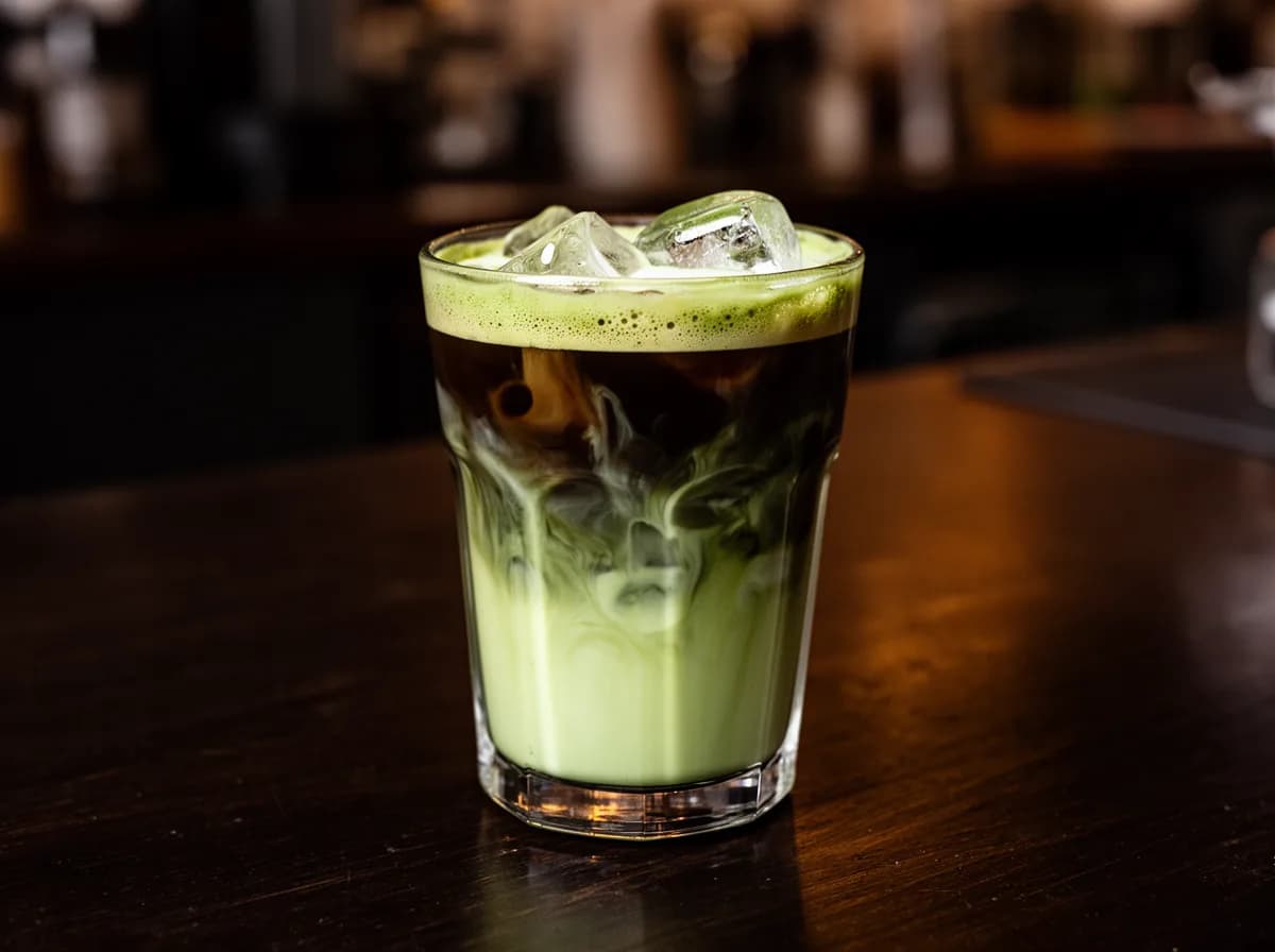 Dirty matcha coffee in a clear glass, a dark espresso shot marbling down through a pale green matcha latte over ice.