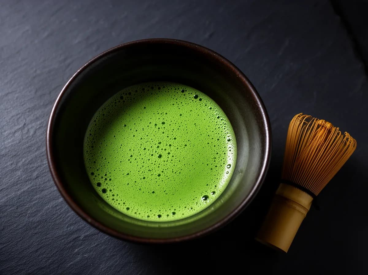 Hot matcha usucha whisked in a wide dark ceramic chawan, the jade-green surface covered in a fine even foam, with a bamboo chasen resting beside the bowl.