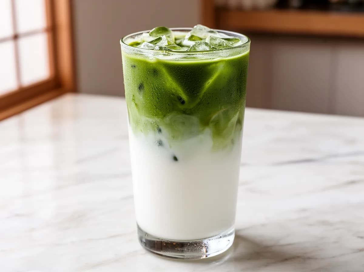 Iced matcha latte in a tall glass on a marble counter, a vivid green matcha layer sitting above cold white milk with ice cubes and condensation on the glass.