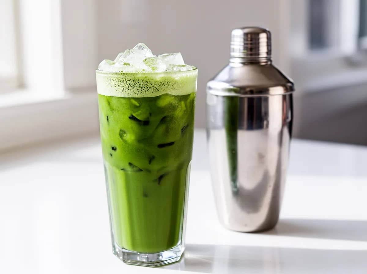 Iced shaken matcha in a tall glass with a fine foam head from shaking, ice cubes visible, a cocktail shaker on the counter behind it.