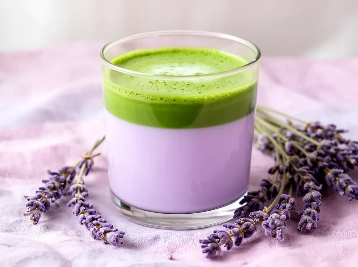 Lavender matcha latte in a clear glass, pale purple lavender milk beneath a vivid green matcha layer, with dried lavender sprigs on the linen surface.