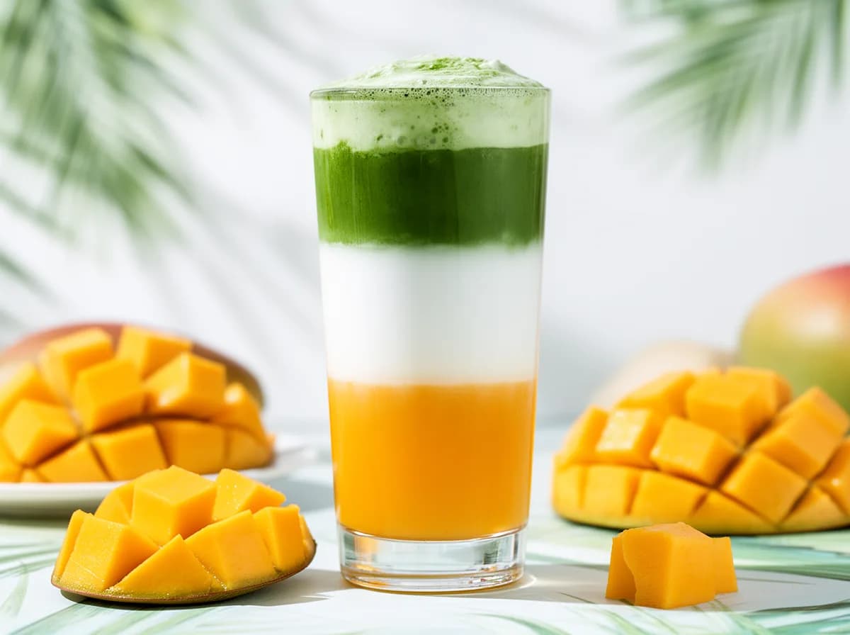 Mango matcha latte in a tall glass, a golden mango layer at the base below white milk and bright green matcha, with fresh mango cubes alongside.