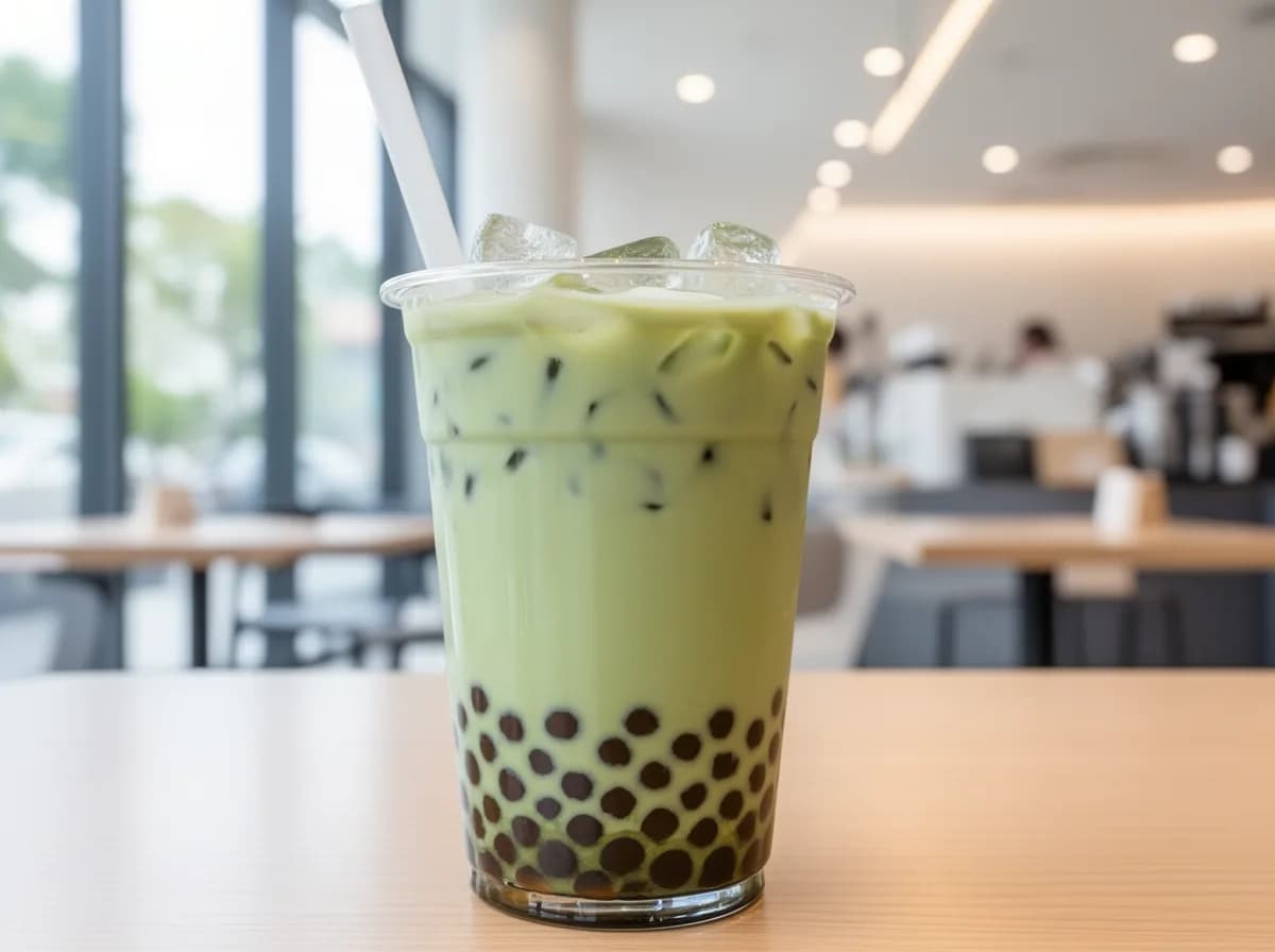 Matcha bubble tea in a tall cup with a wide straw, creamy green matcha milk tea over dark brown tapioca pearls and ice.