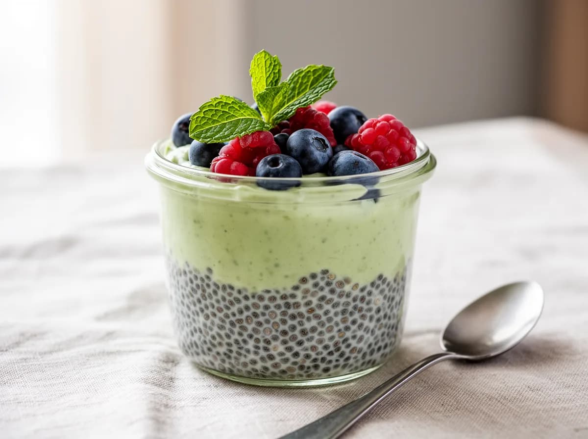 Matcha chia seed pudding layered in a clear glass jar, pale green pudding topped with fresh berries and a mint leaf, a spoon resting beside it.