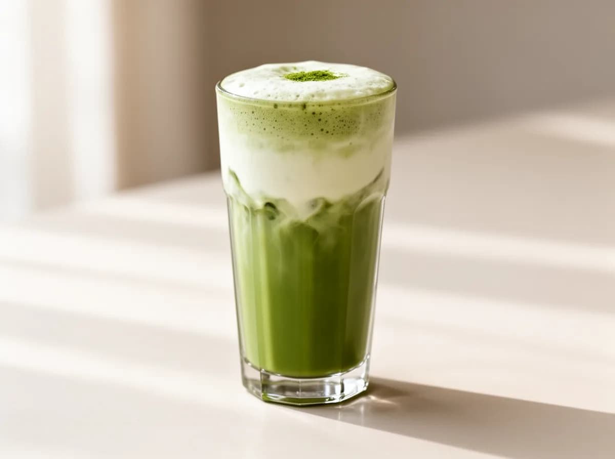 Matcha delight in a tall glass, creamy layered green matcha with vanilla cream and a light foam top.