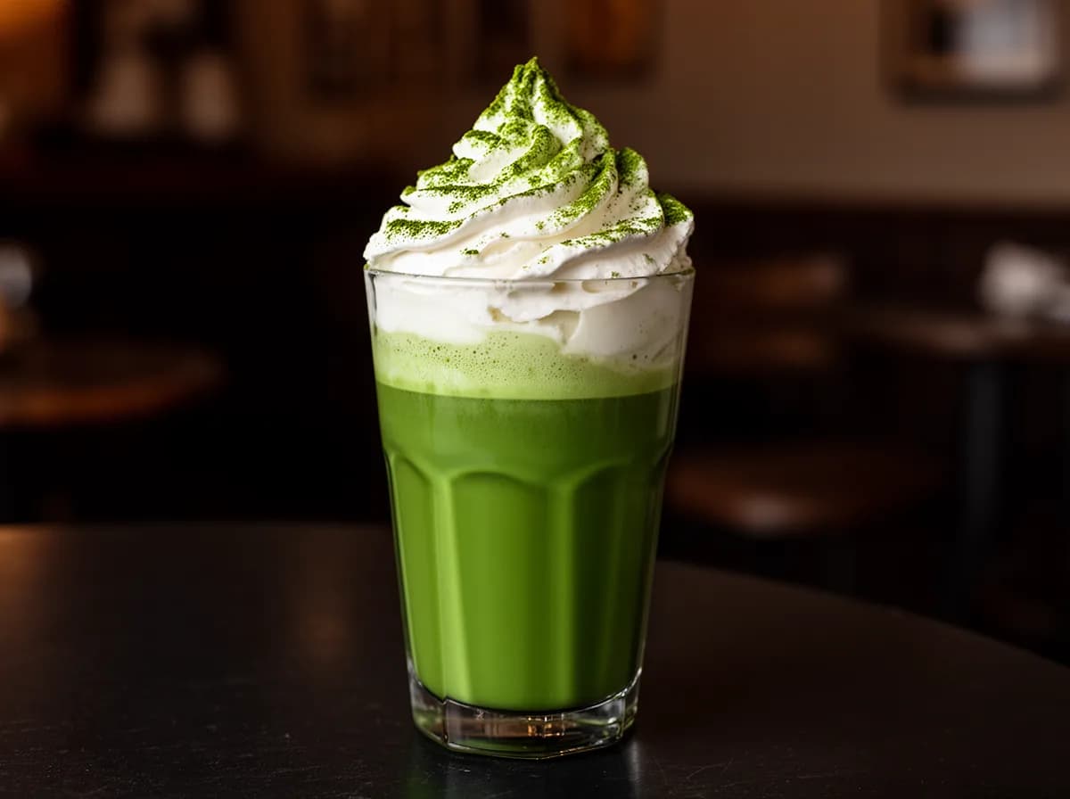 Matcha einspanner in a tall glass, bright green matcha beneath a thick pillow of whipped cream dusted with matcha powder.