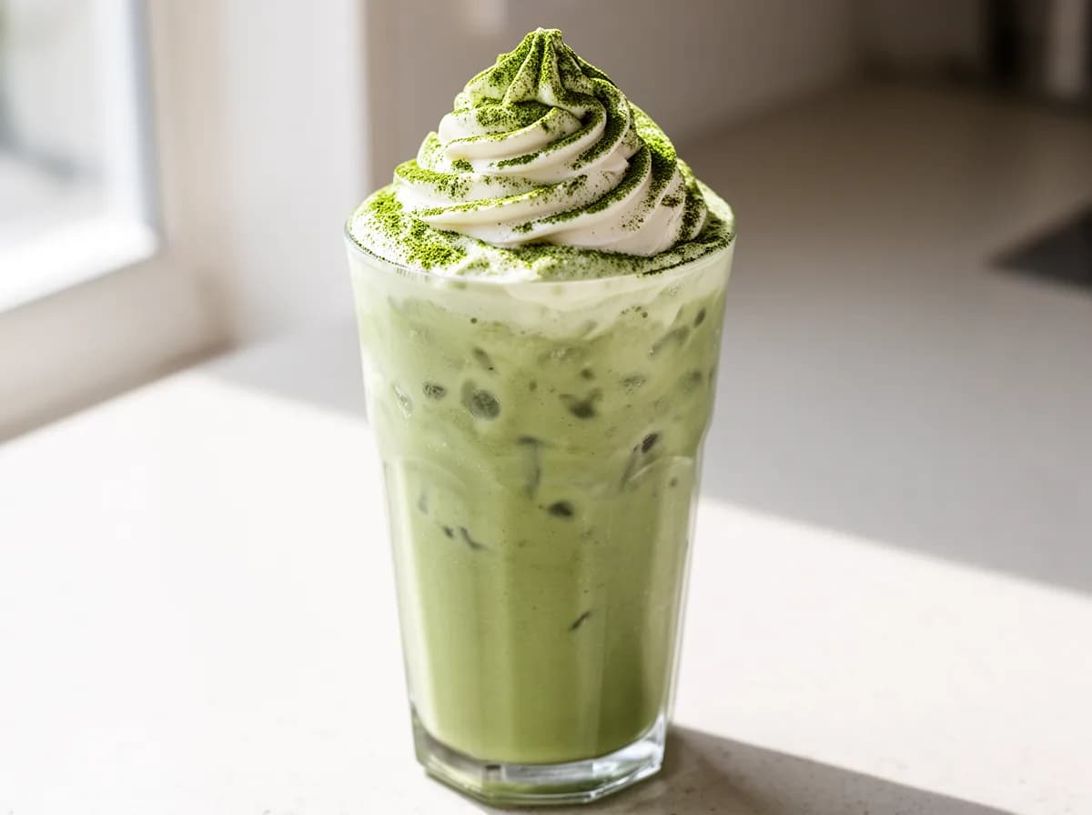 Matcha frappuccino in a tall cup, thick blended pale green ice topped with whipped cream and a dusting of matcha powder.