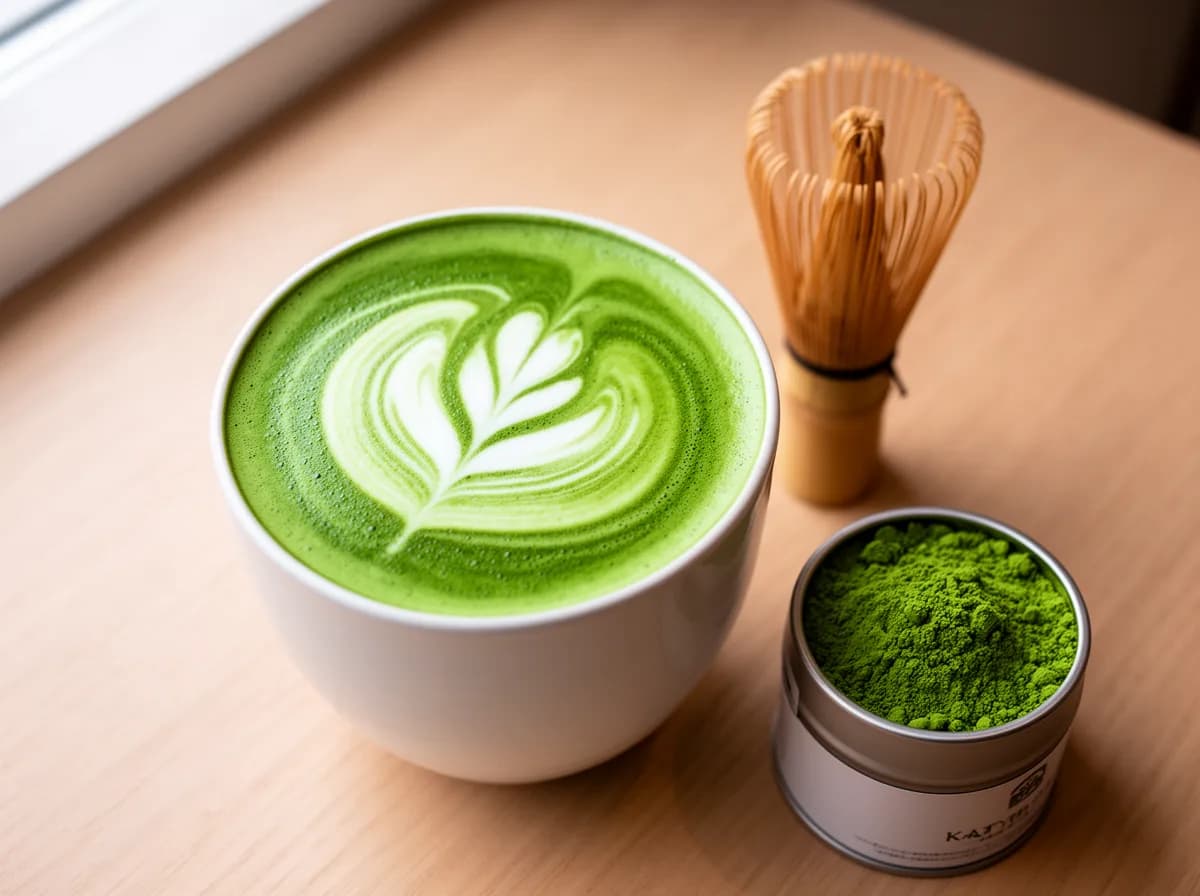 Overhead view of a hot matcha latte in a white ceramic cup with a leaf pattern in the foam, beside a bamboo chasen and an open tin of bright green matcha powder.