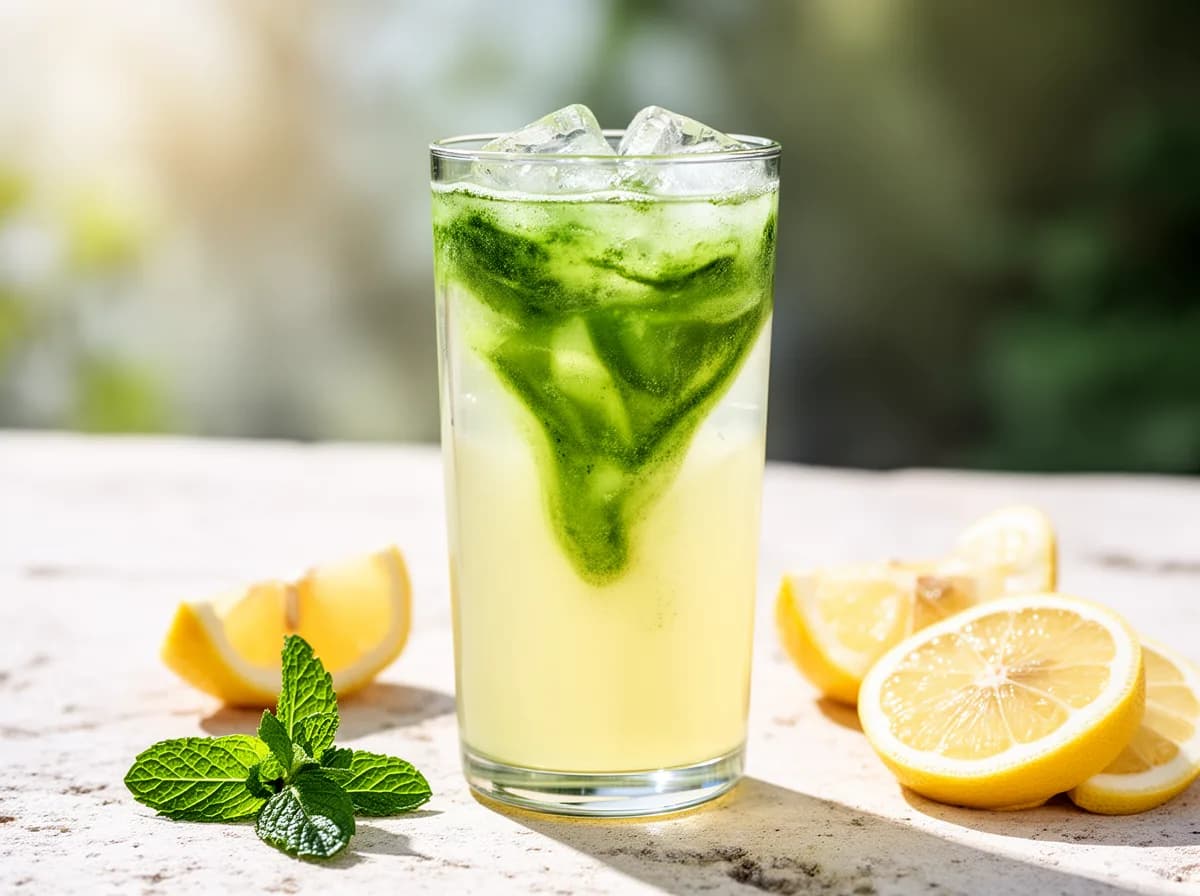 Matcha lemonade in a tall glass over ice, bright green matcha swirling through pale yellow lemonade, with lemon slices and mint alongside.