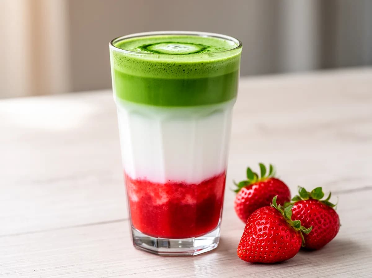 Strawberry matcha latte in a tall glass showing three layers — red strawberry puree at the base, white milk in the middle and bright green matcha on top — with fresh strawberries beside it.