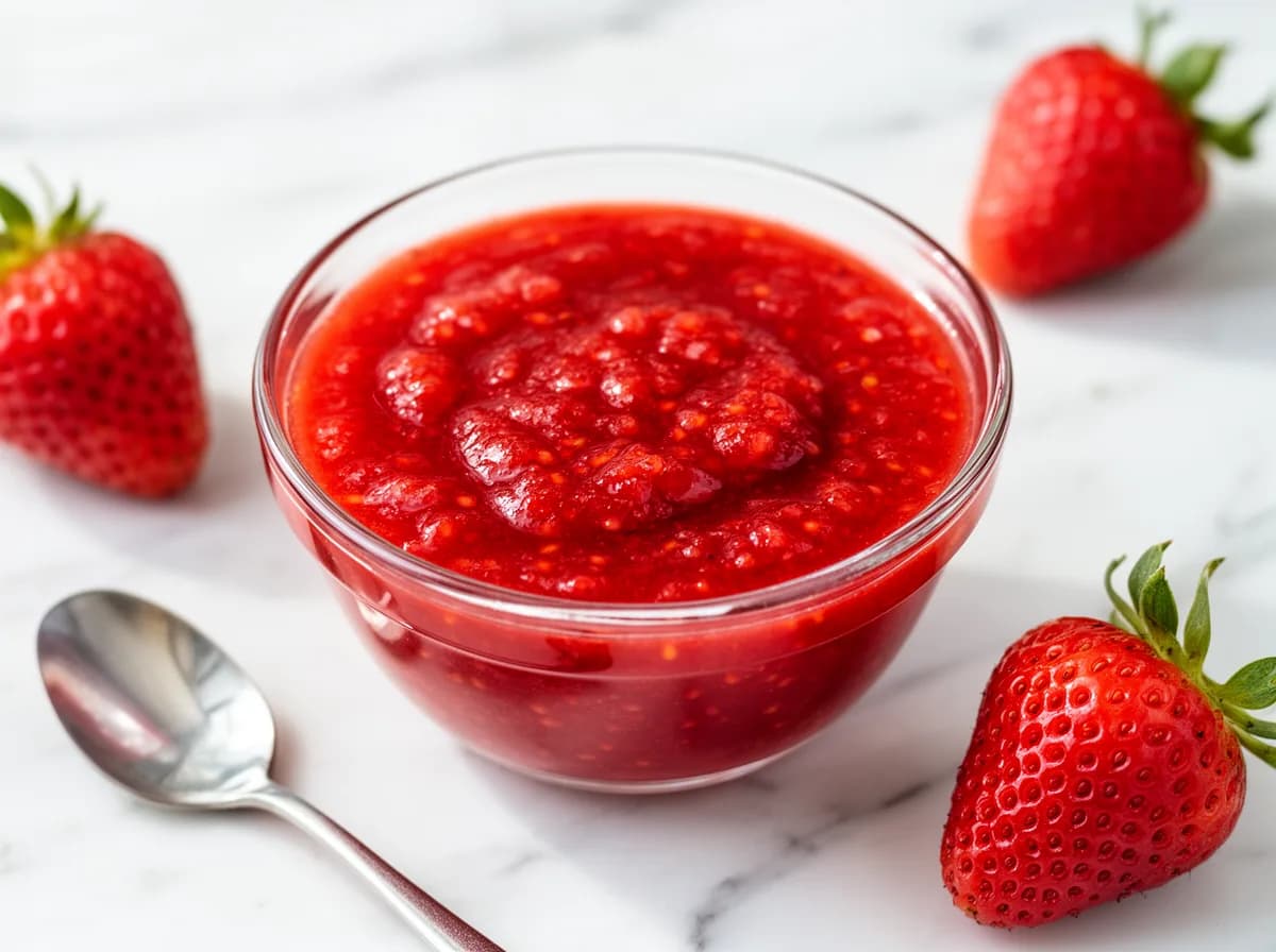 Fresh strawberry puree in a small glass bowl, thick bright red crushed strawberry with visible seeds, whole strawberries and a spoon on white marble.