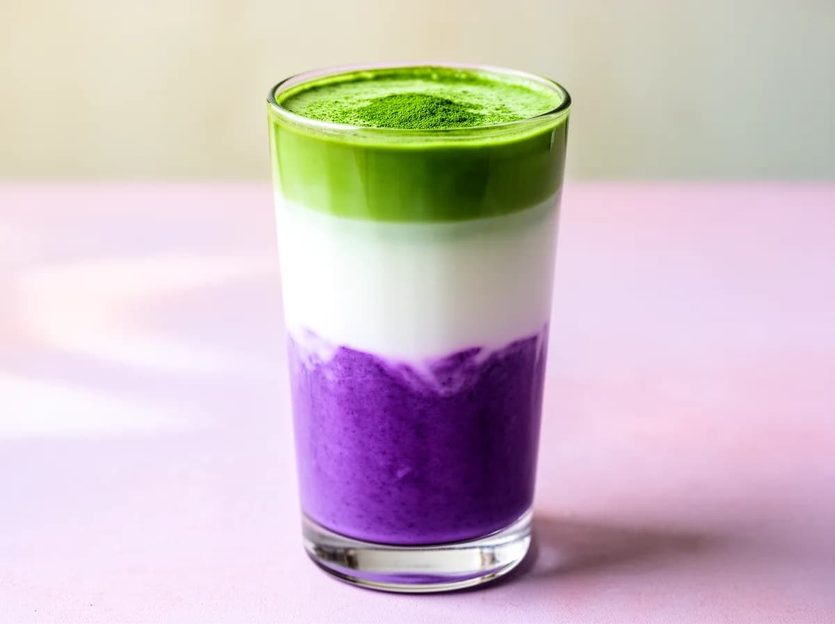 Ube matcha latte in a tall glass, a violet purple ube layer meeting bright green matcha with white milk between them.