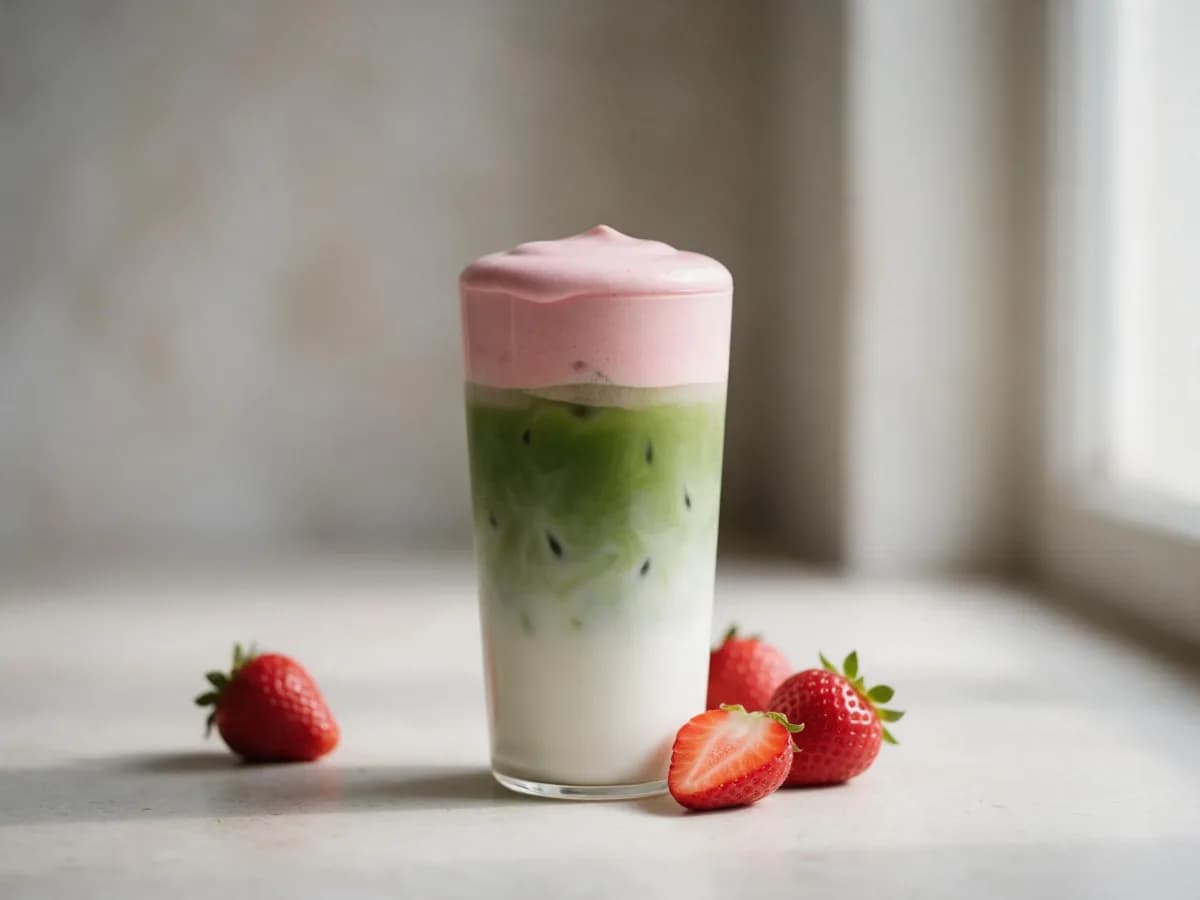 A tall glass of iced matcha latte seen from the side: white milk at the base, a green matcha layer above it, and a thick pale pink strawberry cold foam sitting on top, with fresh strawberries beside the glass.